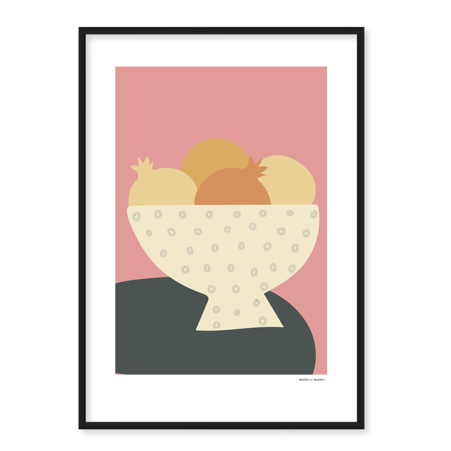 Bowl of Pomegranates in Pink and Grey Framed Print by Hadden and Hadden